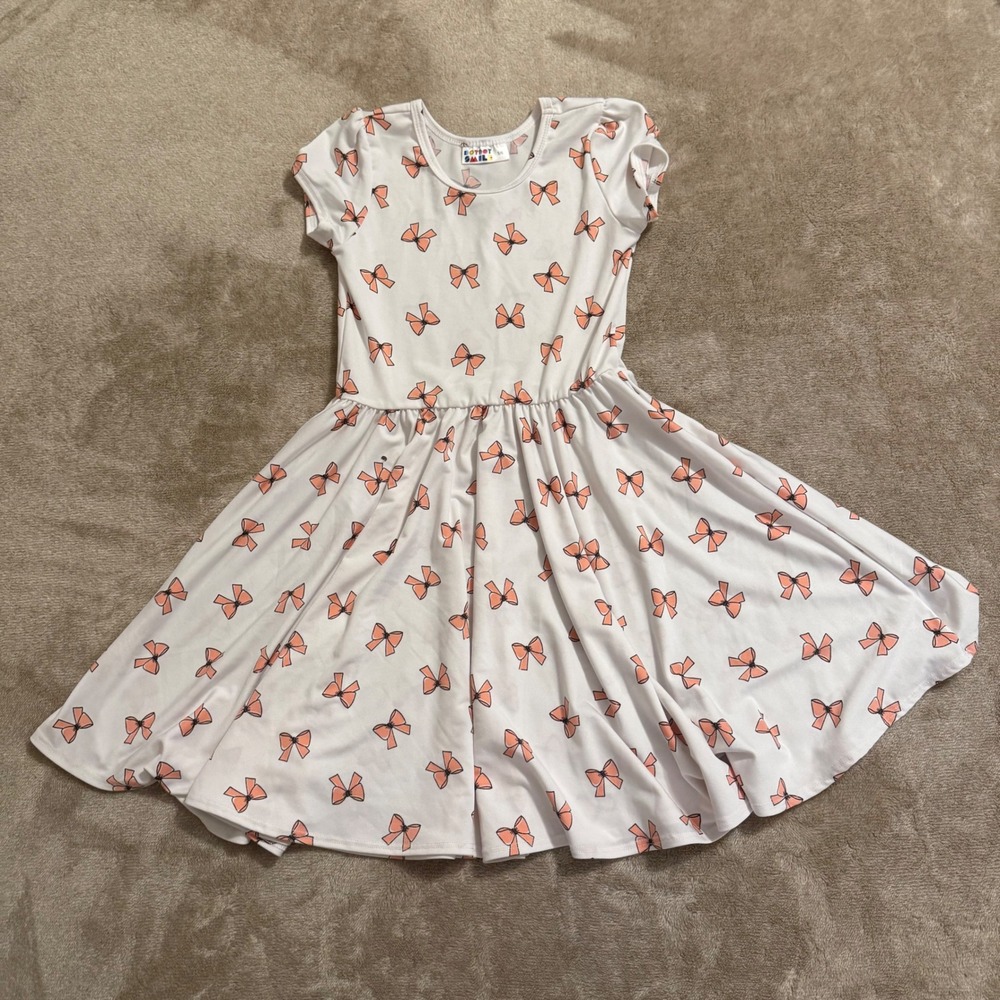 DotDotSmile Girls White Pink Bow Print Skater Dress Short Sleeve Size 5/6